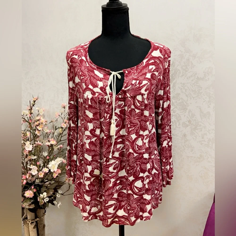 Loft Red Tasseled Peasant Blouse Size - Picture 3 of 7